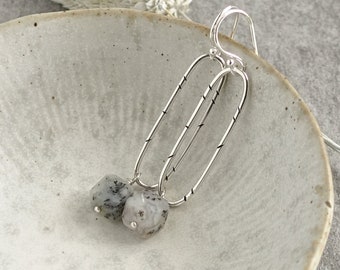 Natural White Opal Gemstone Bead and Sterling Silver Earrings, Black and White Natural Stone Earrings