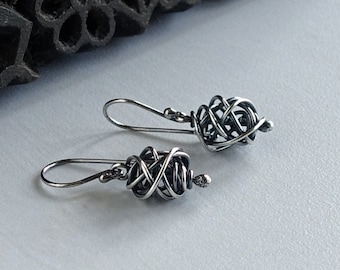 Chaos Earrings -  hand formed messy wrapped sterling silver bead earrings