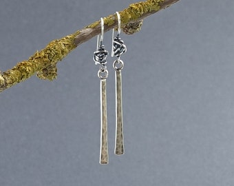 Hammered Silver Reed Earrings, Silver Dangle Bar Earrings, Minimalist Earrings, Charcoal Patina Earrings