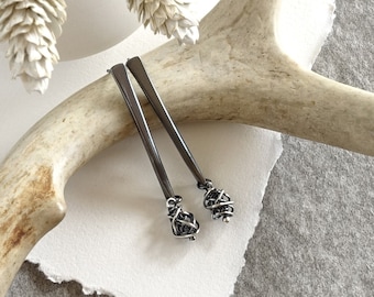 Sleek Long Silver Bar Posts with Silver Chaos Bead, Blackened Silver Stick Post Earrings