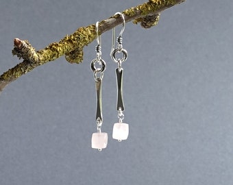 Sterling Silver Rose Quartz Earrings, Gemstone Minimalist Earrings, Gemstone and Silver Bar Earrings, Pink Rose Quartz Bead Earrings