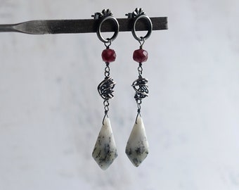 Dendrite Opal Drop Earrings, Long Gemstone Drop Earrings