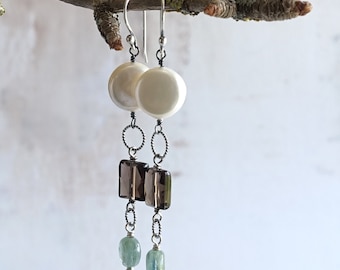 Long Pearl and Gemstone Dangle Earrings, Fresh Water Coin Pearl, Smoky Quartz, Kyanite