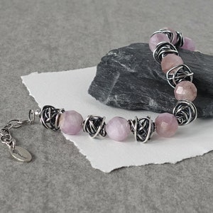 Sterling and Gemstone Beaded Bracelet, Kunzite Beaded Bracelet, Pink Stone Bead Bracelet, Sterling Silver Beaded Bracelet, Chunky Beaded image 2