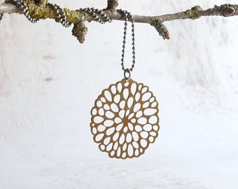 Brass Flower Pendant Necklace, Hand Pierced Brass Pendant Necklace