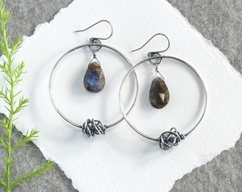 Labradorite Large Sterling Silver Hoop Earrings