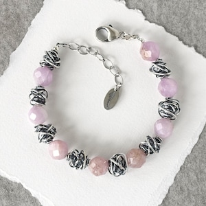 Sterling and Gemstone Beaded Bracelet, Kunzite Beaded Bracelet, Pink Stone Bead Bracelet, Sterling Silver Beaded Bracelet, Chunky Beaded image 1