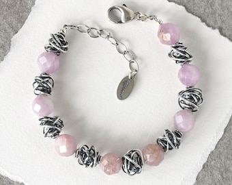 Sterling and Gemstone Beaded Bracelet, Kunzite Beaded Bracelet, Pink Stone Bead Bracelet, Sterling Silver Beaded Bracelet, Chunky Beaded