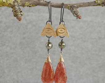 Bohemian Evil Eye and Sunstone Long Drop Earrings