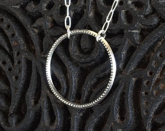 Silver Circle Pendant Necklace, Textured Circle Link Congruent Pendant Necklace