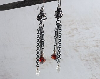 Earrings - Garnet, Moonstone, Oxidized Sterling Silver Long Dangle