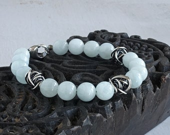 Genuine Aquamarine Beaded Bracelet, Natural Aquamarine and Silver Bracelet