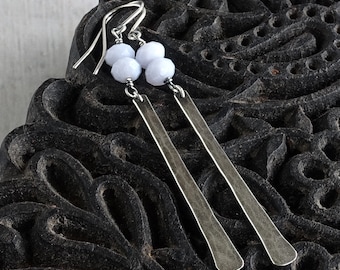 Hammered Silver Bar and Blue Lace Agate Gemstone Earrings