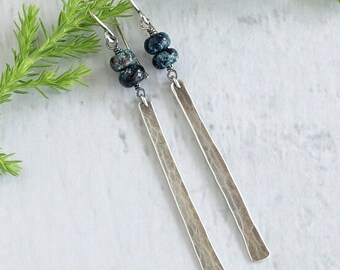 Chrysocolla and Hammered Silver Bar Reed Earrings