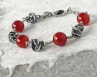 Carnelian and Silver Chaos  Bead Bracelet, Chunky Statement Bracelet