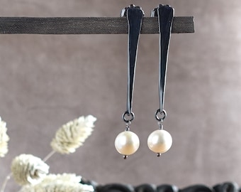 Sleek Long Silver Bar Posts with Pearl, Blackened Silver Stick Post Earrings, Modern Pearl Earrings