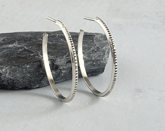 Textured Sterling Silver Petit Hoop Earrings, Edgy Silver Hoop Earrings, Congruent Hoop Earrings Medium