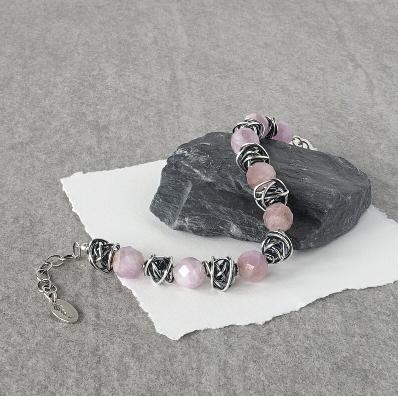 Sterling and Gemstone Beaded Bracelet, Kunzite Beaded Bracelet, Pink Stone Bead Bracelet, Sterling Silver Beaded Bracelet, Chunky Beaded image 4