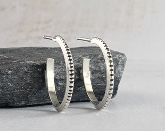 Textured Sterling Silver Petit Hoop Earrings, Edgy Silver Hoop Earrings, Congruent Hoop Earrings Small