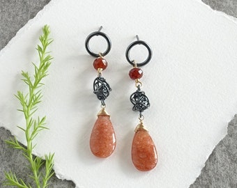 Bohemian Sunstone Drop Earrings, Long Gemstone Dangle Earrings