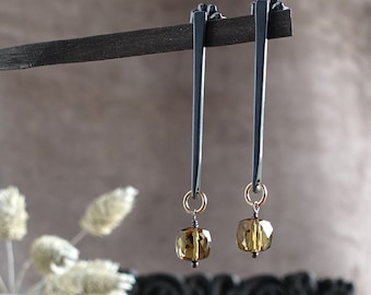 Whisky Topaz Long Bar Post Earrings, Sleek Long Thin Gemstone Post Earrings