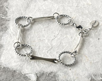 Sterling Silver Link and Bar Bracelet, Sterling Silver Link Bracelet, Silver Twist Link Chain Bracelet, Hammered Bar Bracelet