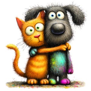 Könnte beinhalten: Eine skurrile Illustration einer Katze und eines Hundes, die sich umarmen. Die orange Katze hat große grüne Augen und eine rosa Nase, während der graue Hund große blaue Augen hat. Beide sind mit übertriebenen Merkmalen und farbenfrohen Akzenten dargestellt, die Freundschaft vermitteln.