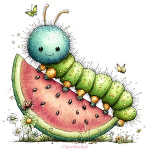 Könnte beinhalten: Eine skurrile Illustration einer Cartoon-Raupe mit türkisfarbenem Kopf und grünem Körper, die auf einer Wassermelonen-Scheibe sitzt. Die Wassermelone ist rosa mit schwarzen Samen. Auch Schmetterlinge und Blumen sind vorhanden.