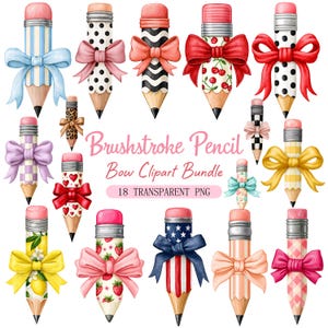 Watercolor Bow Pencil Clipart Bundle, Cute Preppy School PNG, Back to School Teacher Classroom Sublimation, Digital Download