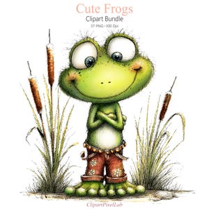 May include: A cartoon illustration of a green frog with large eyes, wearing red trousers with white flower designs. The frog is standing with its arms crossed, surrounded by cattails and tall grass. The text "Cute Frogs Clipart Bundle" is at the top.