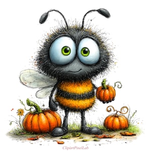 May include: A fuzzy, cartoon-style bee with large green eyes, black and yellow stripes, and translucent wings. The bee stands on a grassy patch, holding a small orange pumpkin, with a larger pumpkin nearby and the text ClipartPixelLab below.