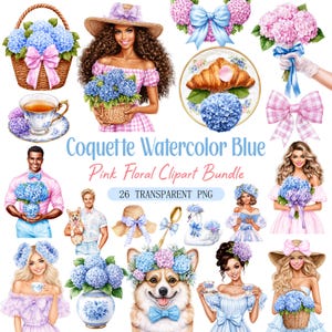 Könnte beinhalten: Eine digitale Clipart-Sammlung mit Aquarellillustrationen von blauen und rosafarbenen Hortensien, Personen in Blumenoutfits, einem Corgi, einem Schwan, einem Croissant, Teesets und Schleifen. Der Text lautet Coquette Watercolor Blue Pink Floral Clipart Bundle.