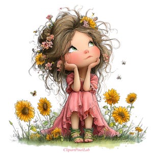 Könnte beinhalten: Eine skurrile Illustration eines jungen Mädchens mit braunem Haar, das mit Blumen geschmückt ist, ein rosa Kleid und grüne Sandalen trägt. Sie sitzt zwischen Sonnenblumen und Gras und blickt nachdenklich nach oben. Schmetterlinge und Bienen sind ebenfalls vorhanden.