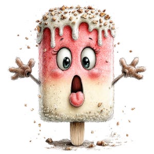 Könnte beinhalten: Ein Cartoon-Eis am Stiel mit überraschtem Gesichtsausdruck. Das Eis hat ein rosa-weißes Farbschema mit weißem Guss und Nussbelag. Es hat große, weite Augen, einen offenen Mund und kleine Arme. Das Eis befindet sich auf einem Holzstiel.