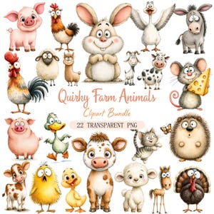 Könnte beinhalten: Eine digitale Sammlung von Zeichentrick-Bauernhoftieren, darunter ein Schwein, Hahn, Hase, Gans, Esel, Schaf, Lama, Ziege, Kuh, Maus mit Käse, Ente, Kätzchen, Igel, Küken und Truthahn. Der Text lautet Quirky Farm Animals Clipart Bundle 22 TRANSPARENT PNG.