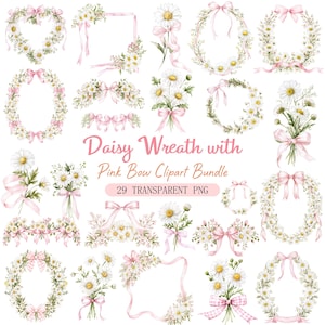 Pink Bow Daisy Watercolor Clipart Bundle, Floral Wreaths and Frames PNG, Coquette Wedding and Baby Shower Graphics