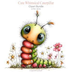 Könnte beinhalten: Eine skurrile Aquarellillustration einer Cartoon-Raupe mit großen blauen Augen, einem grünen und orangefarbenen Kopf und einem segmentierten Körper in Grün-, Orange- und Rottönen. Der Text "Cute Whimsical Caterpillar Clipart Bundle" ist enthalten.