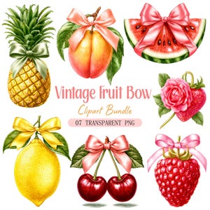 Könnte beinhalten: Ein digitales Illustrationsset mit dem Titel Vintage Fruit Bow Clipart Bundle 07 TRANSPARENT PNG, das eine Ananas, einen Pfirsich, eine Wassermelonenscheibe, eine Erdbeere mit Rose, eine Zitrone, Kirschen und eine Himbeere mit Satinschleifen zeigt.