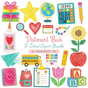 Colorful Back to School Clipart Bundle, Retro Crayon School Supplies PNG, Teacher Classroom and Kids Education Graphics