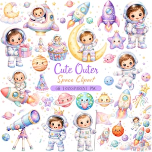 Puede incluir: Una colección de imágenes prediseñadas con temática espacial que incluye astronautas de dibujos animados con trajes blancos, cohetes coloridos, planetas con caras, estrellas, un telescopio y un cupcake. El texto dice Cute Outer Space Clipart 66 TRANSPARENT PNG.