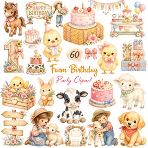 Könnte beinhalten: Eine Sammlung von Farm-Geburtstags-Cliparts mit einem Pony, Küken, einer Kuh, einem Lamm, einem Welpen, einem Hasen, Kindern, Kuchen, Geschenkkartons und Holzschildern mit dem Text Happy Birthday und Farm Birthday Party Clipart.