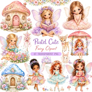 Op de afbeelding: Een verzameling digitale illustraties met gevleugelde feeën, paddenstoelenhuizen, een reekalf, een konijn en bloemelementen. De tekst luidt Pastel Cute Fairy Clipart 47 TRANSPARENT PNG. De figuren dragen jurken in pastelkleuren.