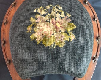 Antique Equestrian Victorian Footstool with Hand-Stitched Needlepoint