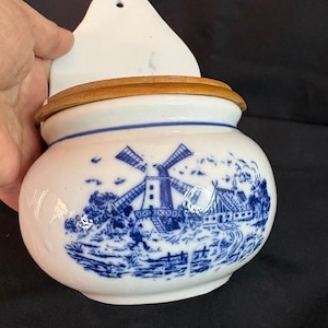 Vintage blå & vit väderkvarns saltlåda