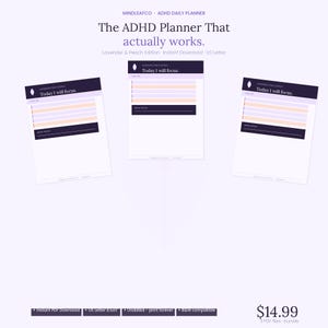 Könnte beinhalten: Ein digitaler ADHD-Tagesplaner in Lavendel- und Pfirsichtönen. Das Layout zeigt oben den Text 'Today I will focus', gefolgt von linierten Abschnitten und einem Feld mit der Beschriftung 'Write the day'. Das Dokument ist im Format 21,59x27,94 cm.