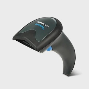May include: A handheld black and gray barcode scanner with the text "DATALOGIC QuickScan" in blue. The scanner has a curved handle and a blue button.