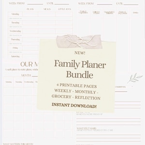Könnte beinhalten: Ein druckbares Familienplaner-Bundle mit Wochen-, Monats-, Einkaufs- und Reflexionsseiten. Das Design ist in sanften neutralen Tönen gehalten und enthält den Text "Family Planer Bundle" und "Instant Download!"