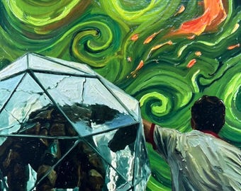 May include: An oil painting depicting a figure in a white shirt with red trim observing a dark, armored creature inside a geometric glass dome. The background features swirling, textured brushstrokes in shades of vibrant green and orange.