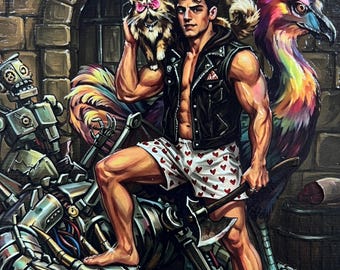 Dungeon Crawler Carl-inspirierte Kunst | Carl trägt Prinzessin Donut | Mongo | Strukturiertes Leinwandbild | LitRPG-Fantasy-Dekoration | Geschenk für Bücherliebhaber