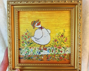 Gans Ölgemälde Wandkunst, süße Gans mit Hut und Schal Leinwand, kleines gerahmtes Tier Kunstwerk, wunderliches Wohndekor Geschenk